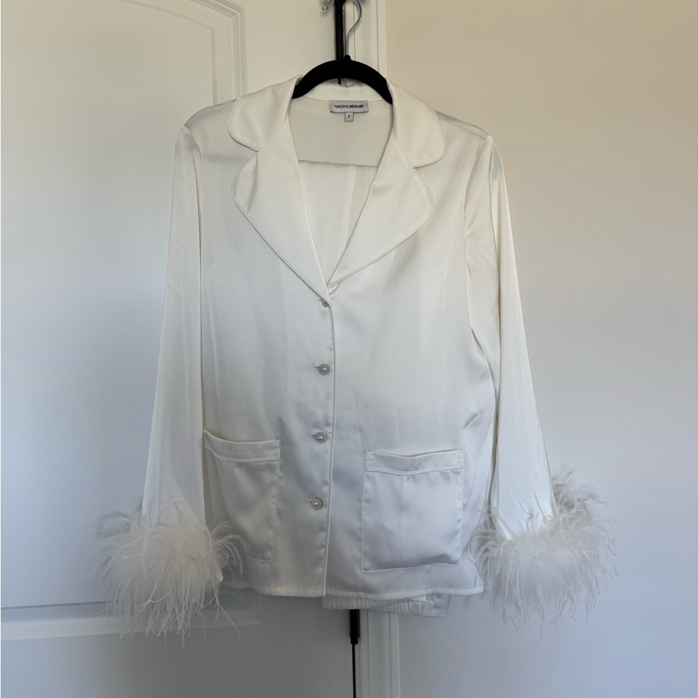 NADINE MERABI White Feather Trim Satin Pajama Jacket
